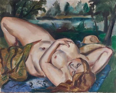 André FAVORY (1889-1937) Baigneuse allongée Huile sur toile, signée en bas vers le...