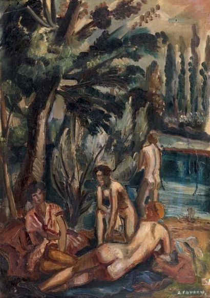 André FAVORY (1889-1937) Quatre baigneuses Huile sur toile, signée en bas à droite....
