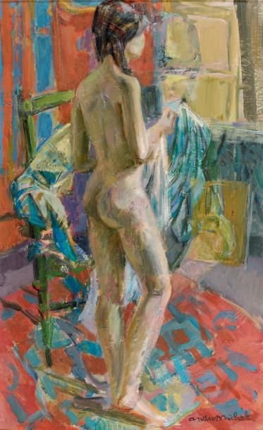 André MICHEL (1908-1975) Nu à la chaise verte Huile sur toile, signée en bas à droite,...