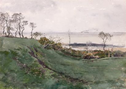 Ernest Ange DUEZ (1843-1896) Bord de mer Aquarelle gouachée, signée en bas à droite....