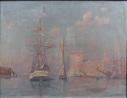 Frédéric MONTENARD (1849-1926) Marseille, goélette rentrant au port Huile sur toile,...