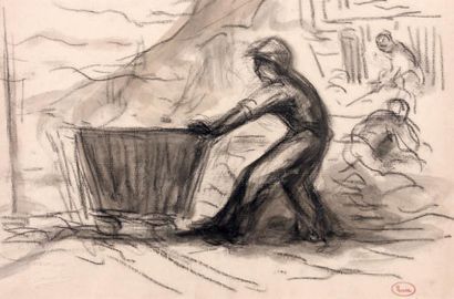 Maximilien LUCE (1858-1941) Les travaux de Paris, ouvrier poussant une benne Dessin...