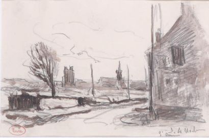 Maximilien LUCE (1858-1941) Saint-Omer, la tour et l'église Dessin au crayon noir...