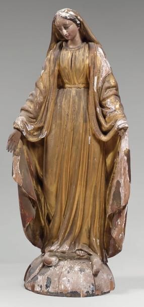 null Statue de Vierge de Miséricorde terrassant le serpent en bois polychrome et...