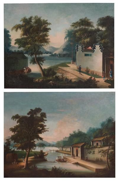 ÉCOLE de CANTON du XIXe siècle Paysage animé Deux huiles sur toile, rentoilées. (Restaurations)....