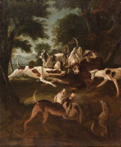ÉCOLE FRANÇAISE du XVIIIe siècle Chiens de chasse, d'après Desportes Huile sur toile,...