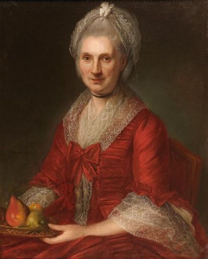 ÉCOLE FRANÇAISE du XVIIIe siècle Portrait de femme tenant une corbeille de fruits...