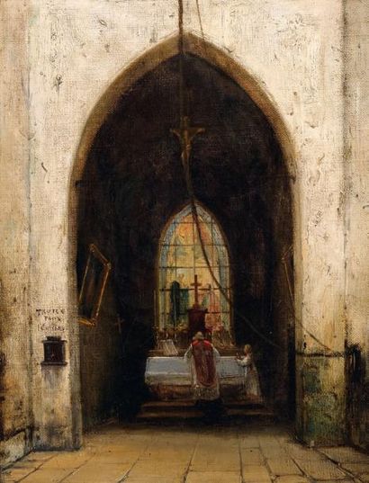 Attribué à Charles-Marie BOUTON (1781-1853) La messe dans la chapelle Huile sur toile....