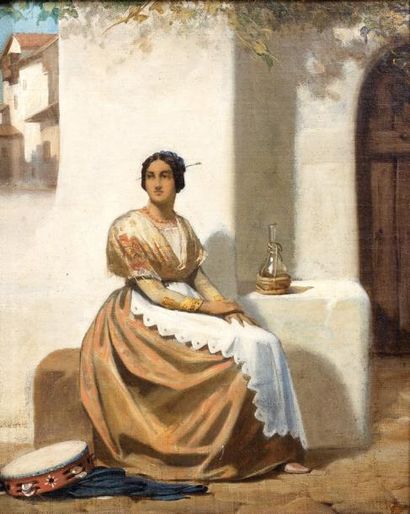 ÉCOLE FRANÇAISE du XIXe siècle Femme italienne au tambourin Huile sur toile. 41,5...
