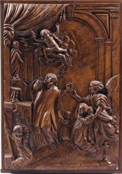 null Panneau en noyer sculpté en haut-relief d'une scène avec l'apparition de Sainte...