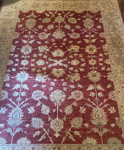 null Chobi carpet of the Indies decorated with flowers on
coral bottom, border with...