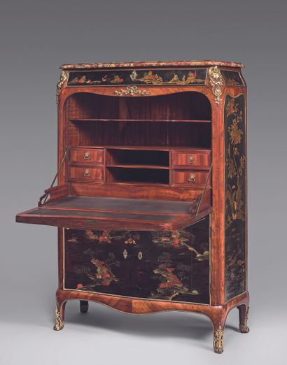 null Rosewood veneer and lacquer panels decorated with gilded animated Chinese landscapes...