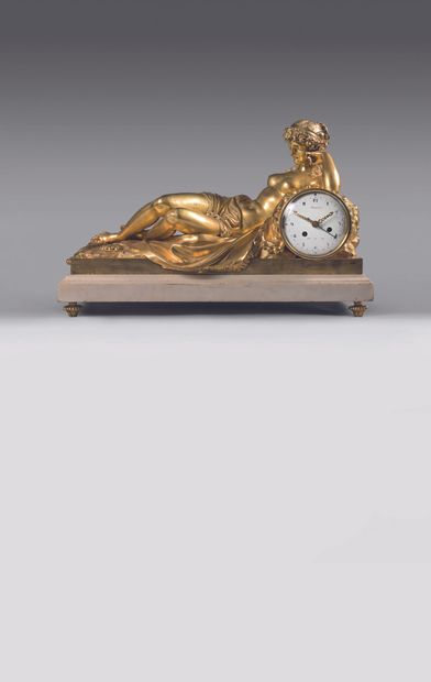 null LARGE gilt bronze HANGER, decorated with a nymph lying on a lion's body on a...
