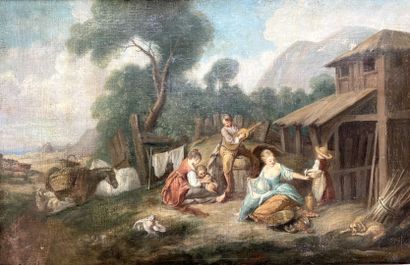 null FRENCH SCHOOL, in the taste of the 18th century. 
"Peasant scene"
Oil on canvas.
54...