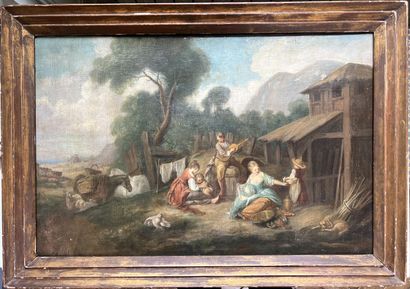 null FRENCH SCHOOL, in the taste of the 18th century. 
"Peasant scene"
Oil on canvas.
54...