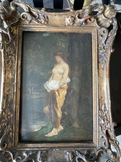 null ÉCOLE FIN du XIXe siècle
"Femme nue adossée à un arbre"
Huile sur toile. 
24...