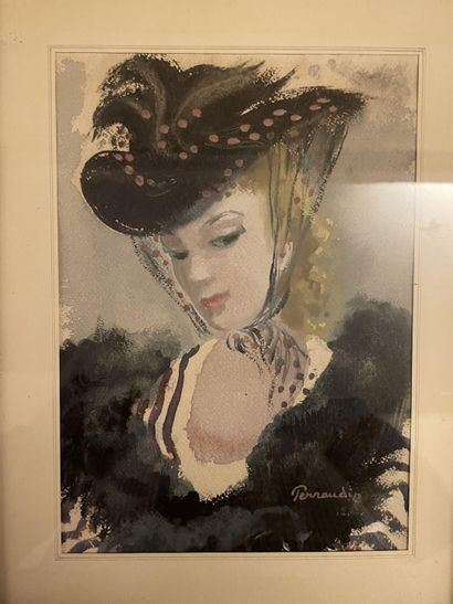 null PERRAUDIN (école vers 1900)
Portrait de femme au chapeau 
Aquarelle