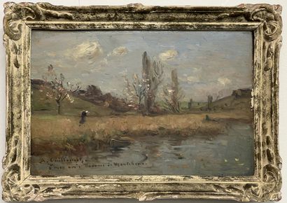 null Antoine GUILLEMET (1841-1918)
"At the edge of the pond". 
Oil on panel
17,5...