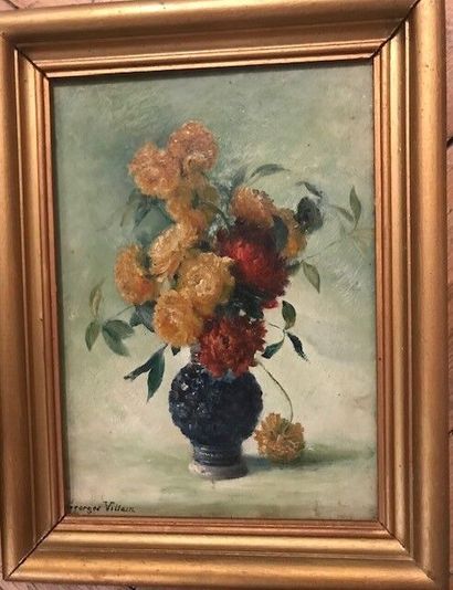 null Georges VILLAIN (1854-1930) 
- Bouquet de fleurs dans un vase 
Huile sur panneau...