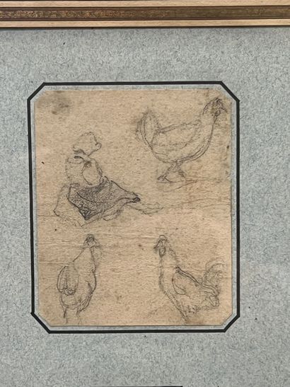 null Camille FLERS (1802-1868)
Esquisses de poules
3 dessins dans un cadre, deux...