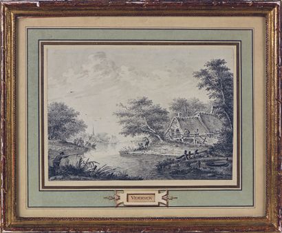 null Theodor VERRYCK (actif au XVIIIe siècle)
Paysage fluvial animé de personnages
Lavis...