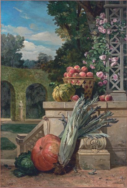 null Philippe ROUSSEAU (1816-1887)
Vase de fleurs posé sur un banc dans un jardin
Nature...