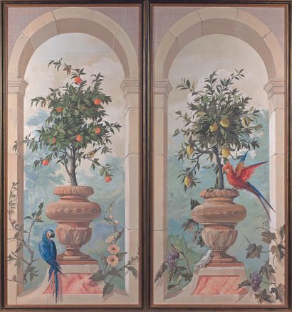 null MODERN SCHOOL
Citrus fruits in vases with macaws
Two oils on canvas.
196 x 87...