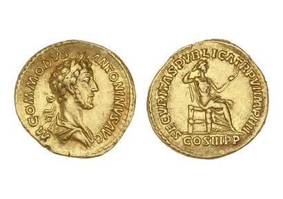 null COMMODE (177-192)
Auréus. Rome. 7,30 g.
Son buste lauré et drapé à droite.
R/...