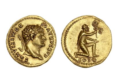 null DOMITIEN (81-96) 
Auréus. Rome. 7,20 g.
Sa tête laurée, barbue, à droite.
R/...