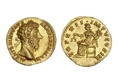 null MARC AURÈLE (161-180) 
Auréus. Rome. 7,35 g.
Sa tête laurée à droite.
R/ L'Équité...