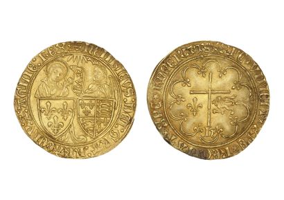 null HENRI VI (1422-1453)
Salut d'or. Rouen. 3,50 g.
L'archange Gabriel debout devant...