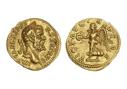 null SEPTIME SÉVÈRE (193-211)
Auréus. Rome. 7,24 g.
Sa tête laurée à droite.
R/ Victoire...