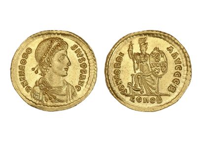 null THÉODOSE Ier (379-395)
Solidus. Constantinople. 4,35 g.
Son buste diadémé et...