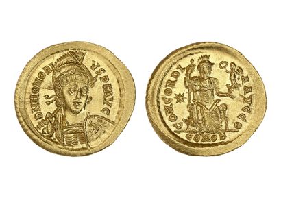 null HONORIUS (393-423)
Solidus. Constantinople. 4,54 g.
Son buste cuirassé et armé...