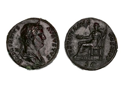 null HADRIEN (117-138)
Sesterce. Rome.
Son buste lauré et drapé à droite.
R/ La Justice...