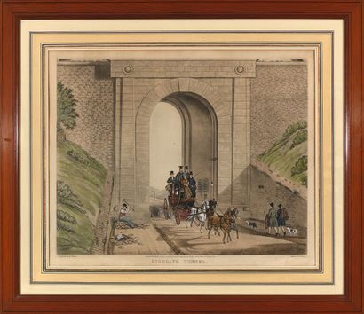 null After J. E. JONES
Stage-Coach, 1827 etching and aquatint by G. Hunt, 42 x 49...
