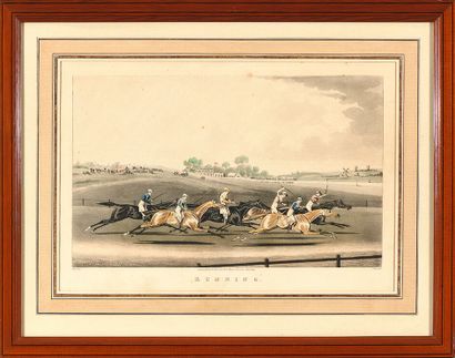 null D'après J. POLLARD
Running, 1822, eau-forte et aquatinte par G. Hunt, 26 x 38 cm,...