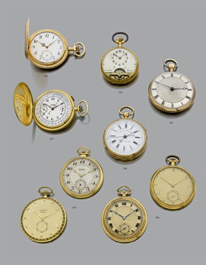 null Montre de poche à remontage au pendant en or jaune gravé de fleurs, cadran émaillé...