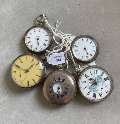 null Five guilloche and engraved silver pocket watches with key to wind by the bottom,...