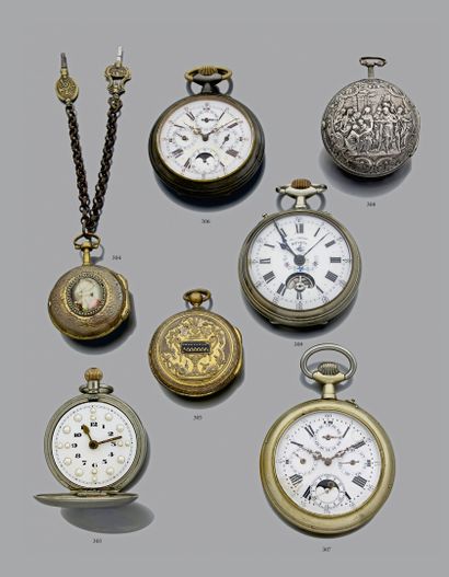 null Pocket watch with pendant winding in plain metal, forming an alarm clock and...