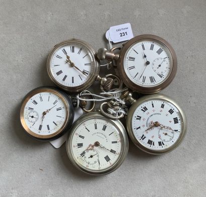 Five metal pocket watches, enameled dials...