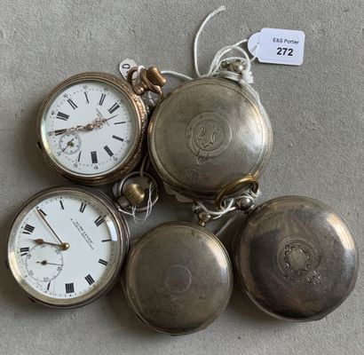 null Five silver pocket watches, three of which are soap form with key, one for the...