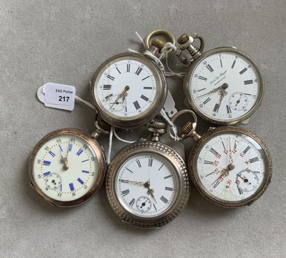 Five silver guilloche and engraved pocket...