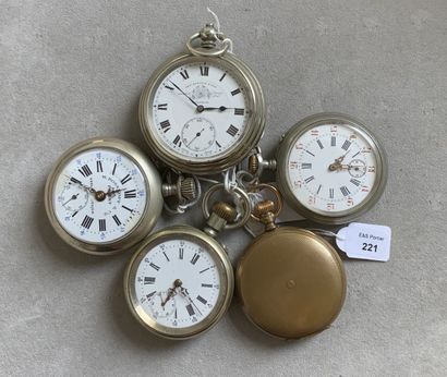 null Five metal pocket watches, white enamelled dials with Roman numerals, one of...