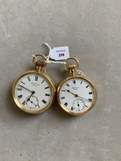 null Two yellow gold monogrammed and plain pendant winding pocket watches, white...