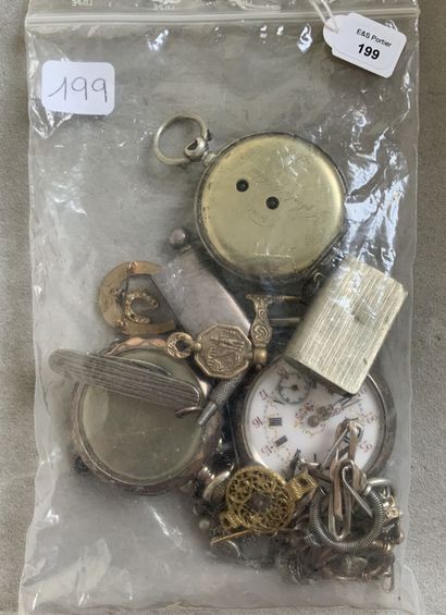 null In a wooden box: various metal lot including: pocket watches; vest chains ;...