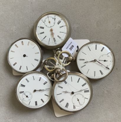 Five metal pocket watches with key to wind...