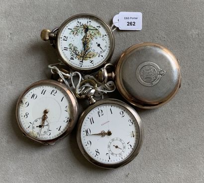 null Four silver guilloche and engraved pocket watches with pendant winding, white...