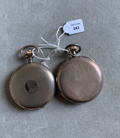 null Two plain silver and guilloche pocket watches with pendant winding, white enamel...