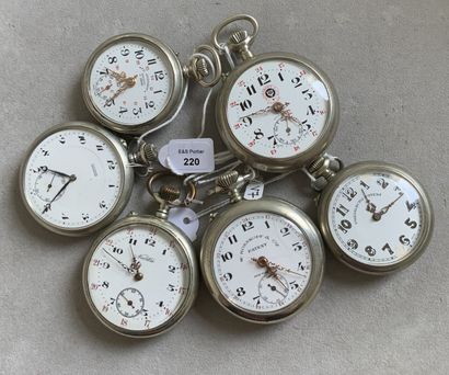 null Six metal pocket watches, one of which has a pendant winding mechanism, white...